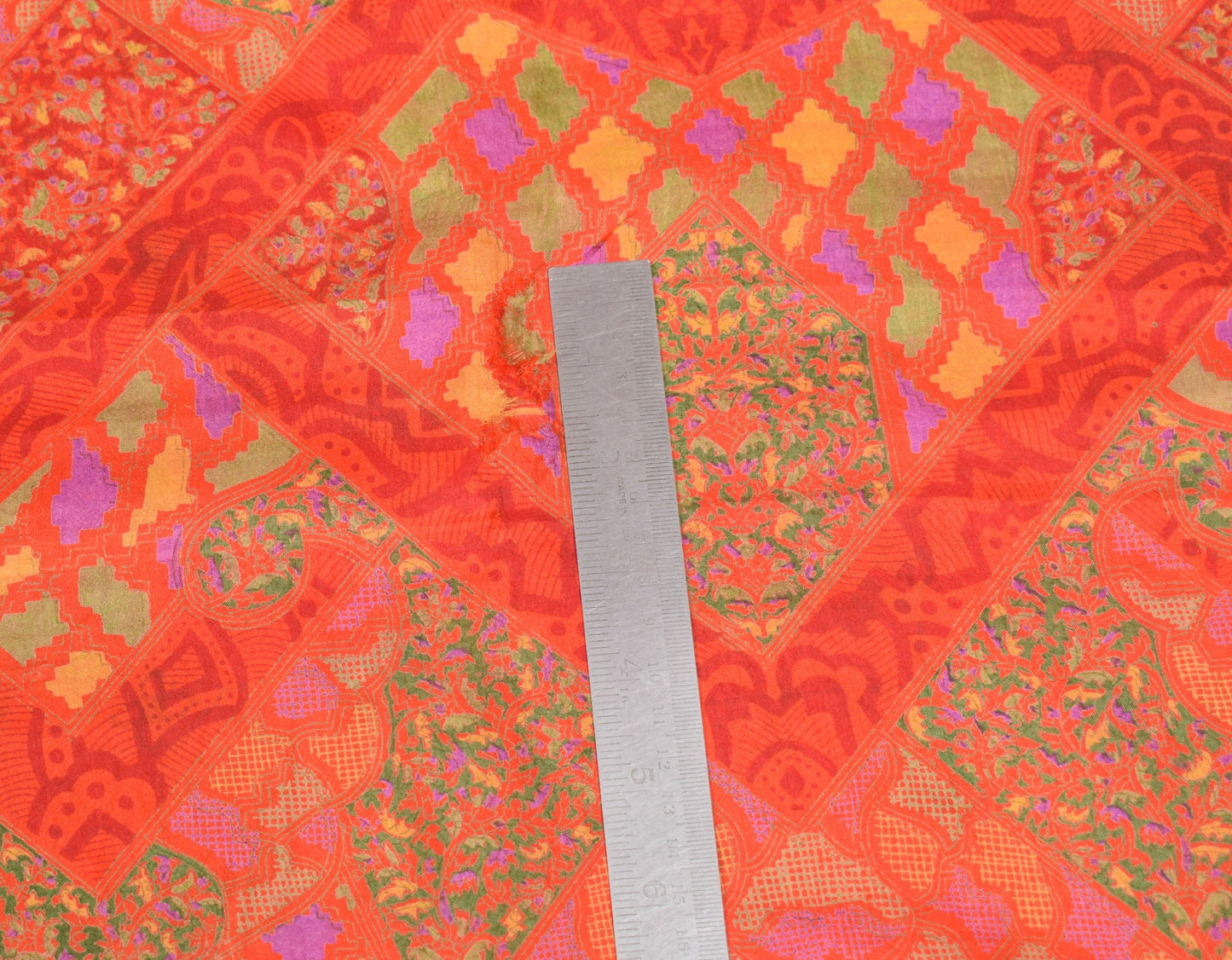 Sushila Vintage Orange Scrap Saree Pure Silk Floral Printed Sari Remnant Fabric