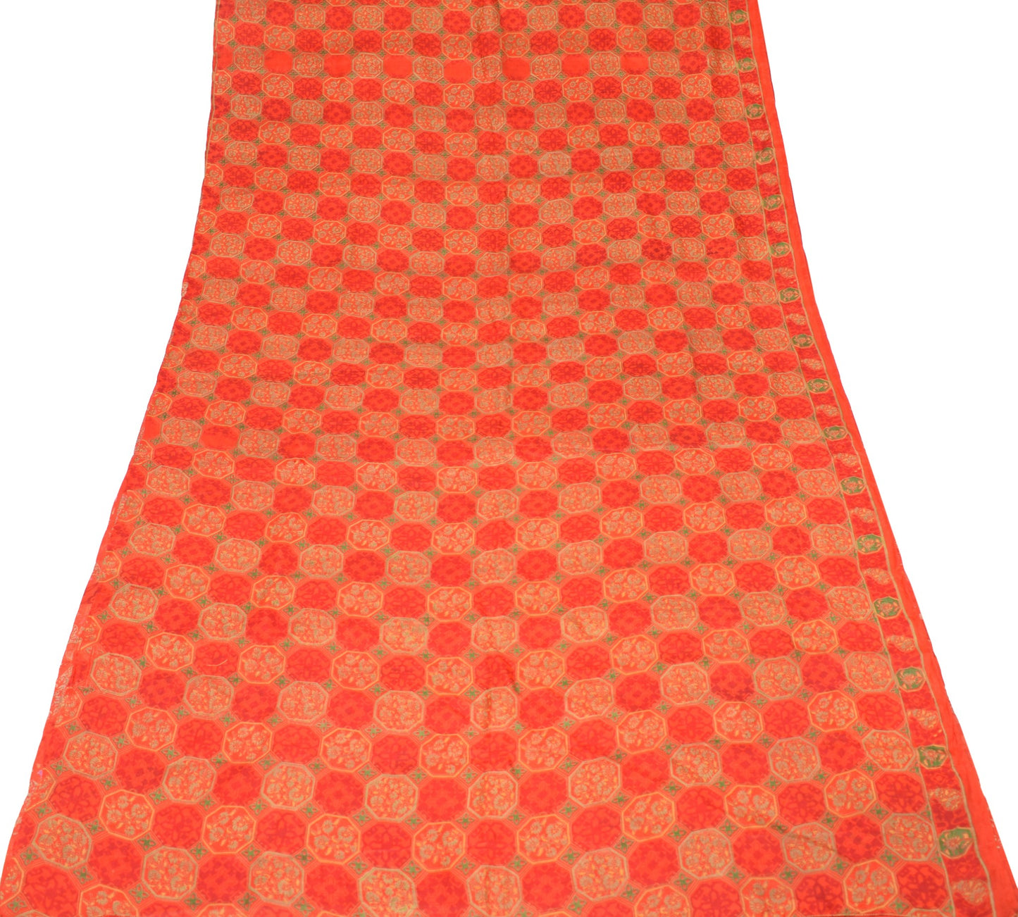 Sushila Vintage Orange Scrap Saree Pure Silk Floral Printed Sari Remnant Fabric