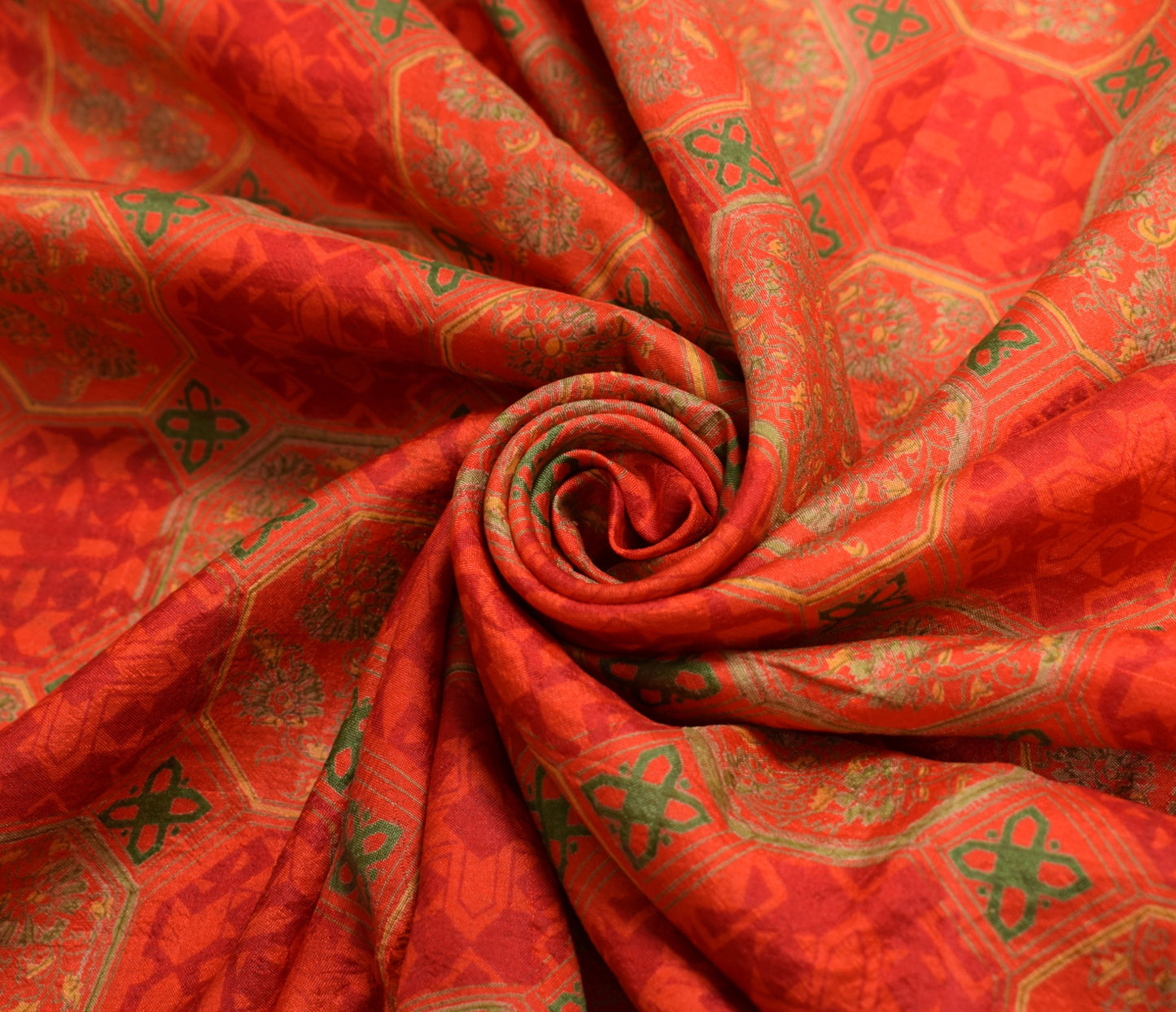 Sushila Vintage Orange Scrap Saree Pure Silk Floral Printed Sari Remnant Fabric