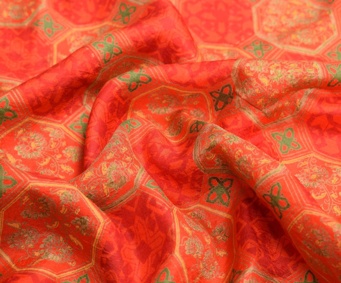 Sushila Vintage Orange Scrap Saree Pure Silk Floral Printed Sari Remnant Fabric