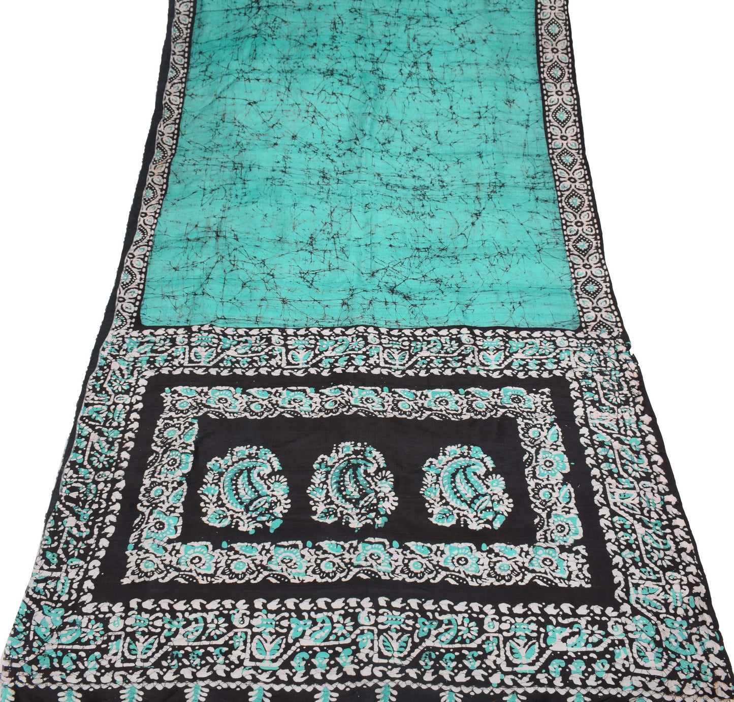 Sushila Vintage Aqua Green Scrap Saree Pure Silk Batik Printed Remnant Fabric
