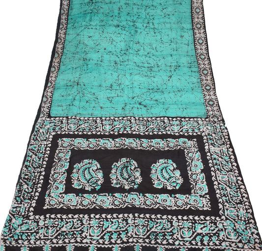 Sushila Vintage Aqua Green Scrap Saree Pure Silk Batik Printed Remnant Fabric