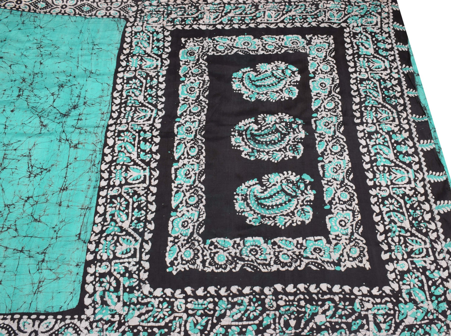 Sushila Vintage Aqua Green Scrap Saree Pure Silk Batik Printed Remnant Fabric