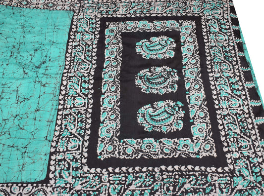 Sushila Vintage Aqua Green Scrap Saree Pure Silk Batik Printed Remnant Fabric
