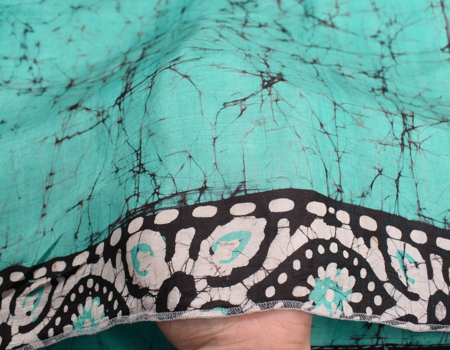 Sushila Vintage Aqua Green Scrap Saree Pure Silk Batik Printed Remnant Fabric