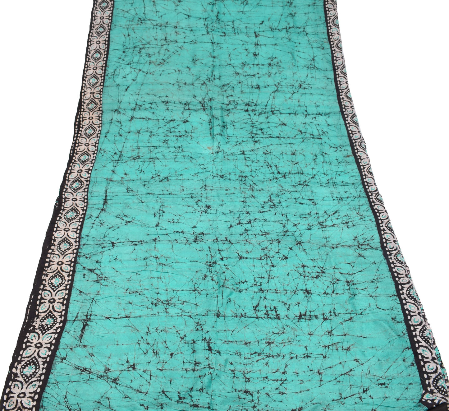 Sushila Vintage Aqua Green Scrap Saree Pure Silk Batik Printed Remnant Fabric