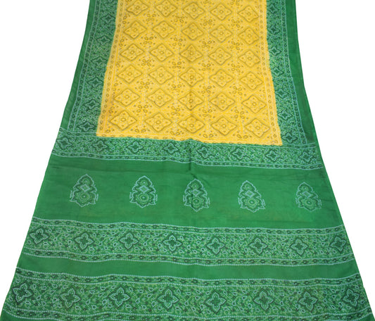 Sushila Vintage Yellow Scrap Saree Pure Silk Bandhani Print Sari Remnant Fabric