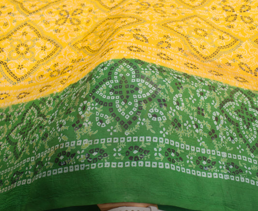 Sushila Vintage Yellow Scrap Saree Pure Silk Bandhani Print Sari Remnant Fabric