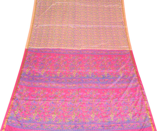 Sushila Vintage Peach Pink Scrap Saree Pure Silk Printed Floral Remnant Sari