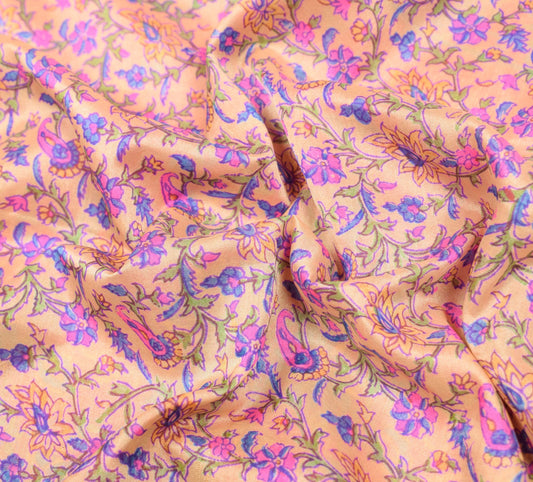 Sushila Vintage Peach Pink Scrap Saree Pure Silk Printed Floral Remnant Sari