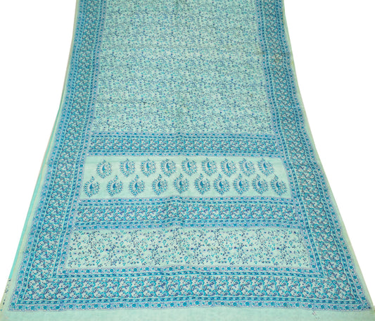 Sushila Vintage Electric Blue Scrap Saree Pure Silk Printed Floral Remnant Sari