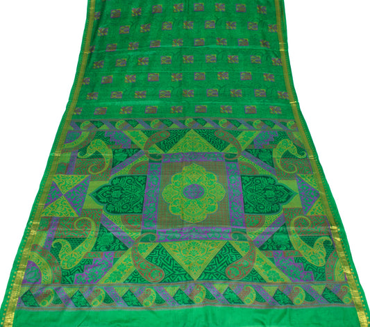 Sushila Vintage Green Scrap Saree Pure Silk Printed Floral Remnant 6 yard Fabric