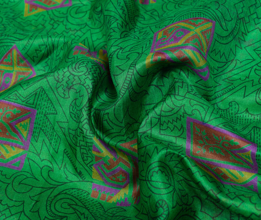 Sushila Vintage Green Scrap Saree Pure Silk Printed Floral Remnant 6 yard Fabric