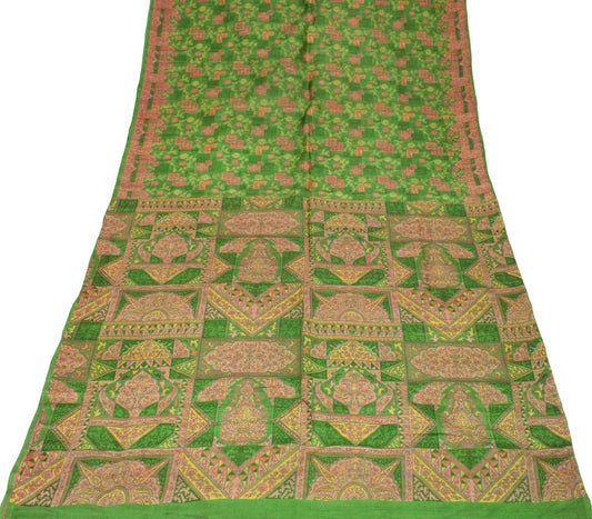 Sushila Vintage Green Floral Scrap Saree Pure Silk Printed Sari Remnant Fabric