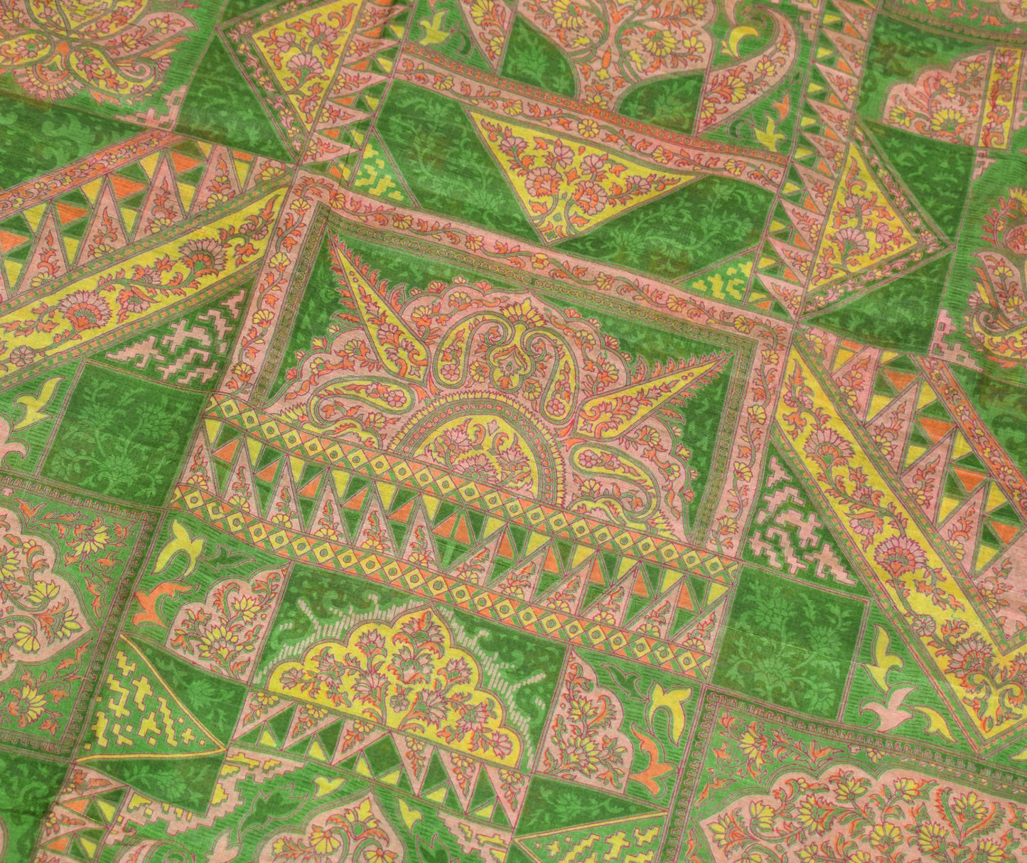 Sushila Vintage Green Floral Scrap Saree Pure Silk Printed Sari Remnant Fabric