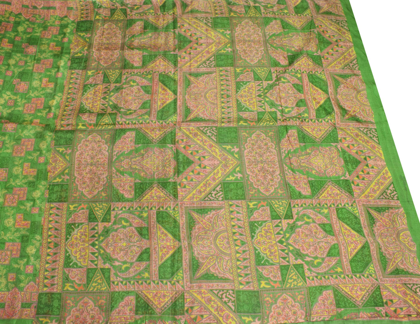 Sushila Vintage Green Floral Scrap Saree Pure Silk Printed Sari Remnant Fabric