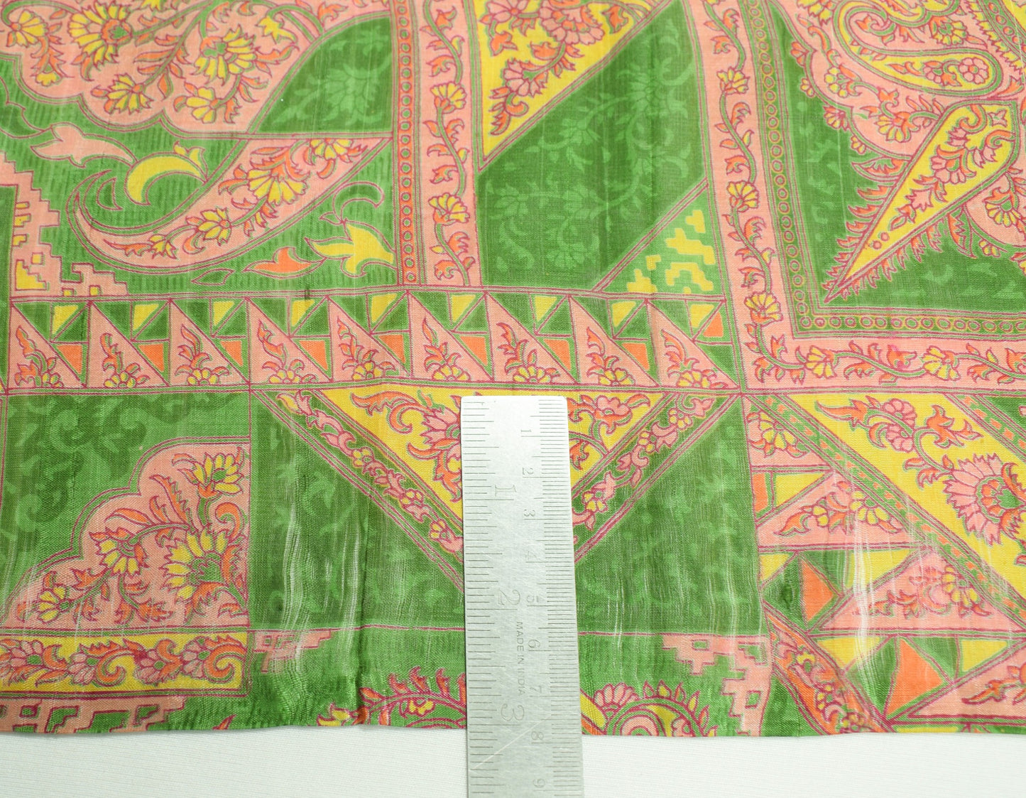 Sushila Vintage Green Floral Scrap Saree Pure Silk Printed Sari Remnant Fabric
