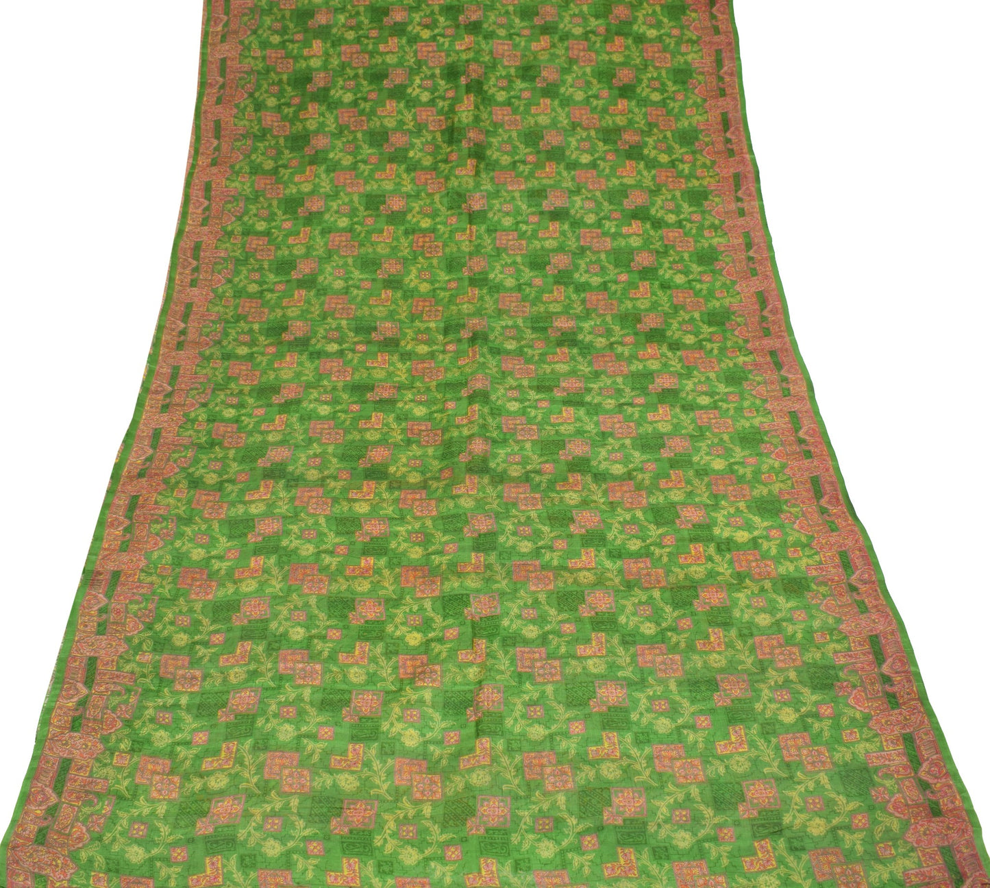 Sushila Vintage Green Floral Scrap Saree Pure Silk Printed Sari Remnant Fabric