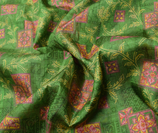 Sushila Vintage Green Floral Scrap Saree Pure Silk Printed Sari Remnant Fabric