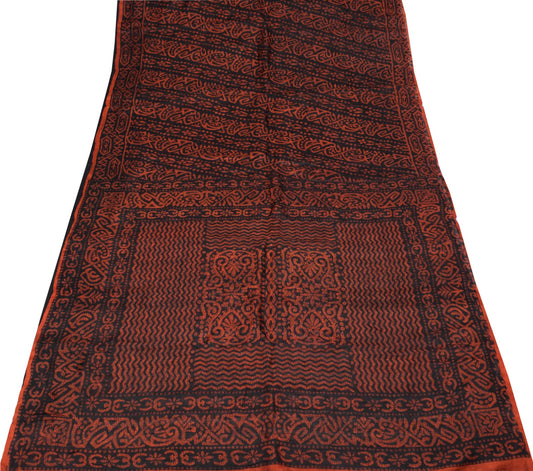 Sushila Vintage Black Rust Scrap Saree Pure Silk Printed Remnant Sari 5YD Fabric