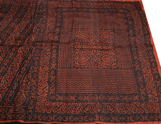 Sushila Vintage Black Rust Scrap Saree Pure Silk Printed Remnant Sari 5YD Fabric