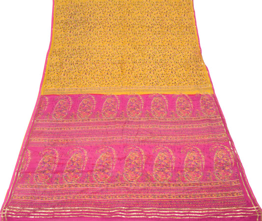Sushila Vintage Yellow Pink Scrap Saree Pure Silk Printed Remnant Sari Fabric