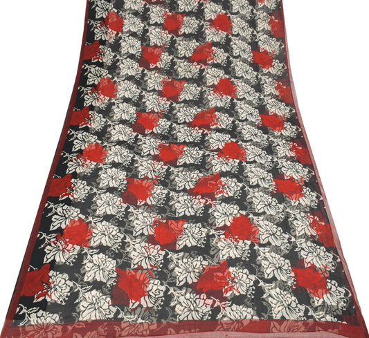 Sushila Vintage Floral Black Scrap Saree Pure Georgette Printed Remnant Fabric