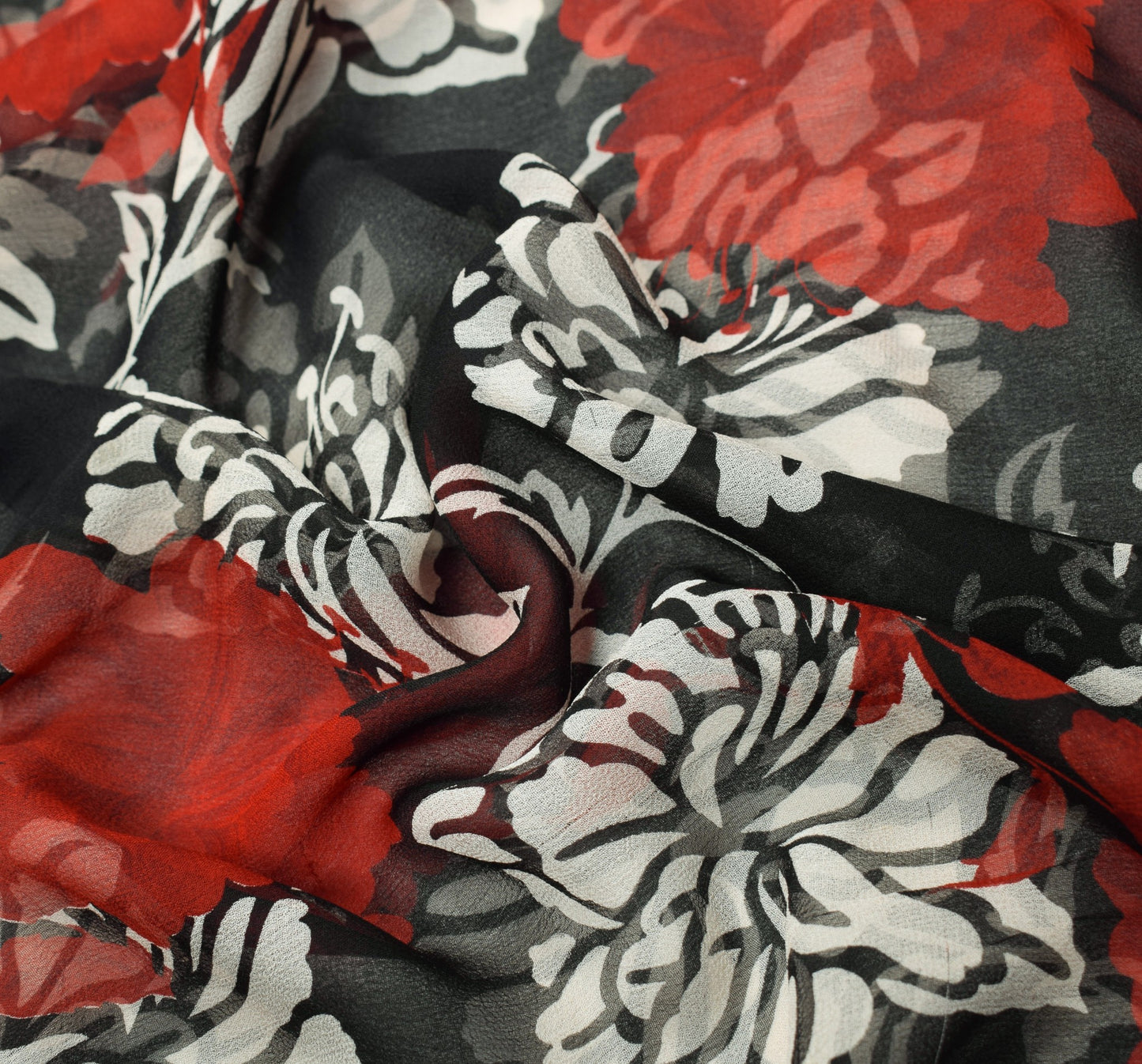 Sushila Vintage Floral Black Scrap Saree Pure Georgette Printed Remnant Fabric