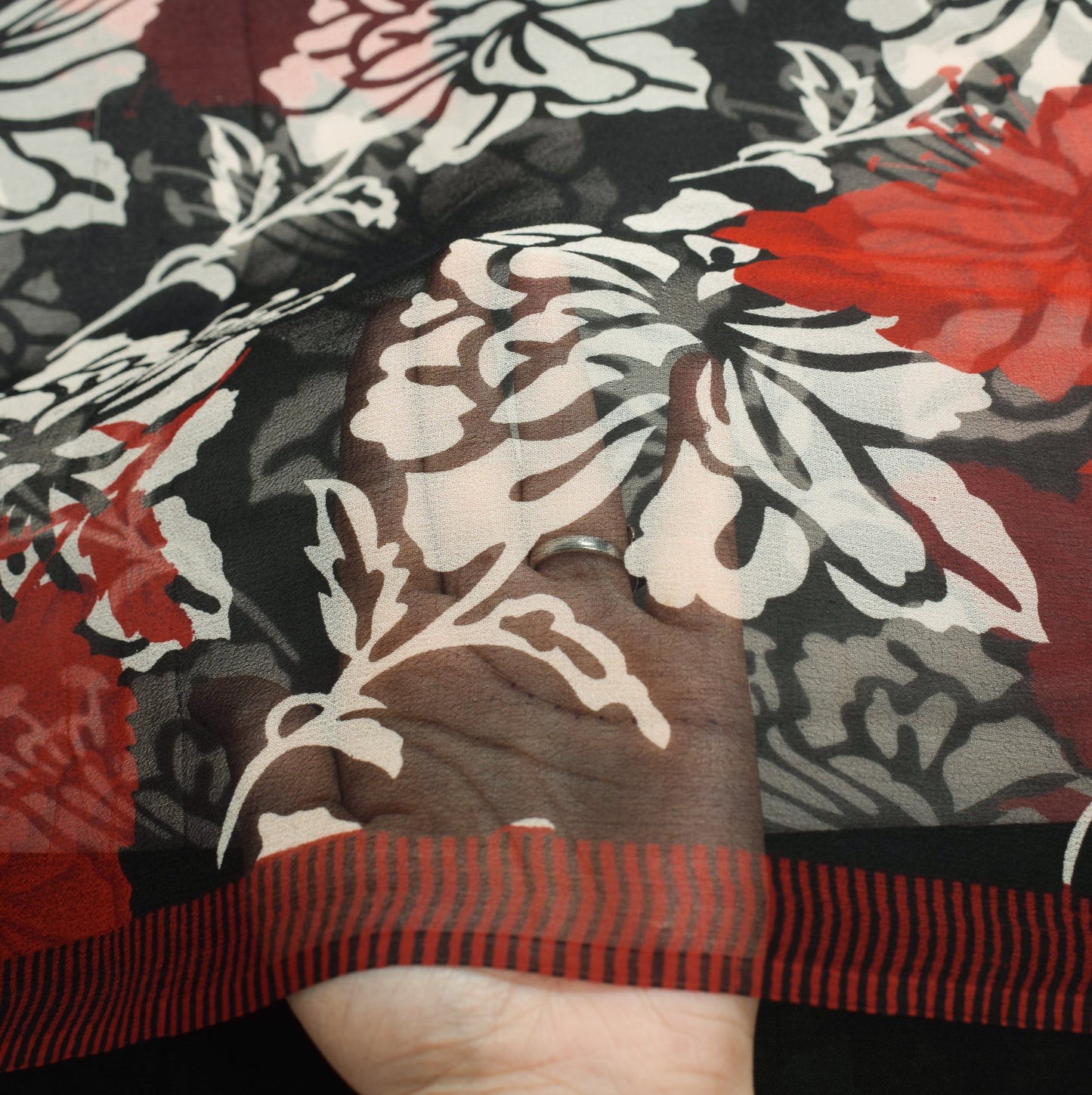 Sushila Vintage Floral Black Scrap Saree Pure Georgette Printed Remnant Fabric