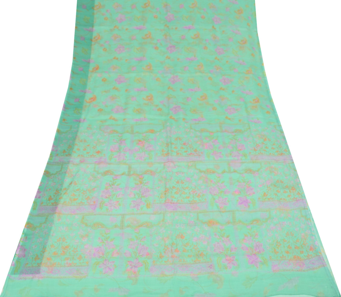 Sushila Vintage Green Scrap Saree Pure Chiffon Printed Floral Remnant Fabric