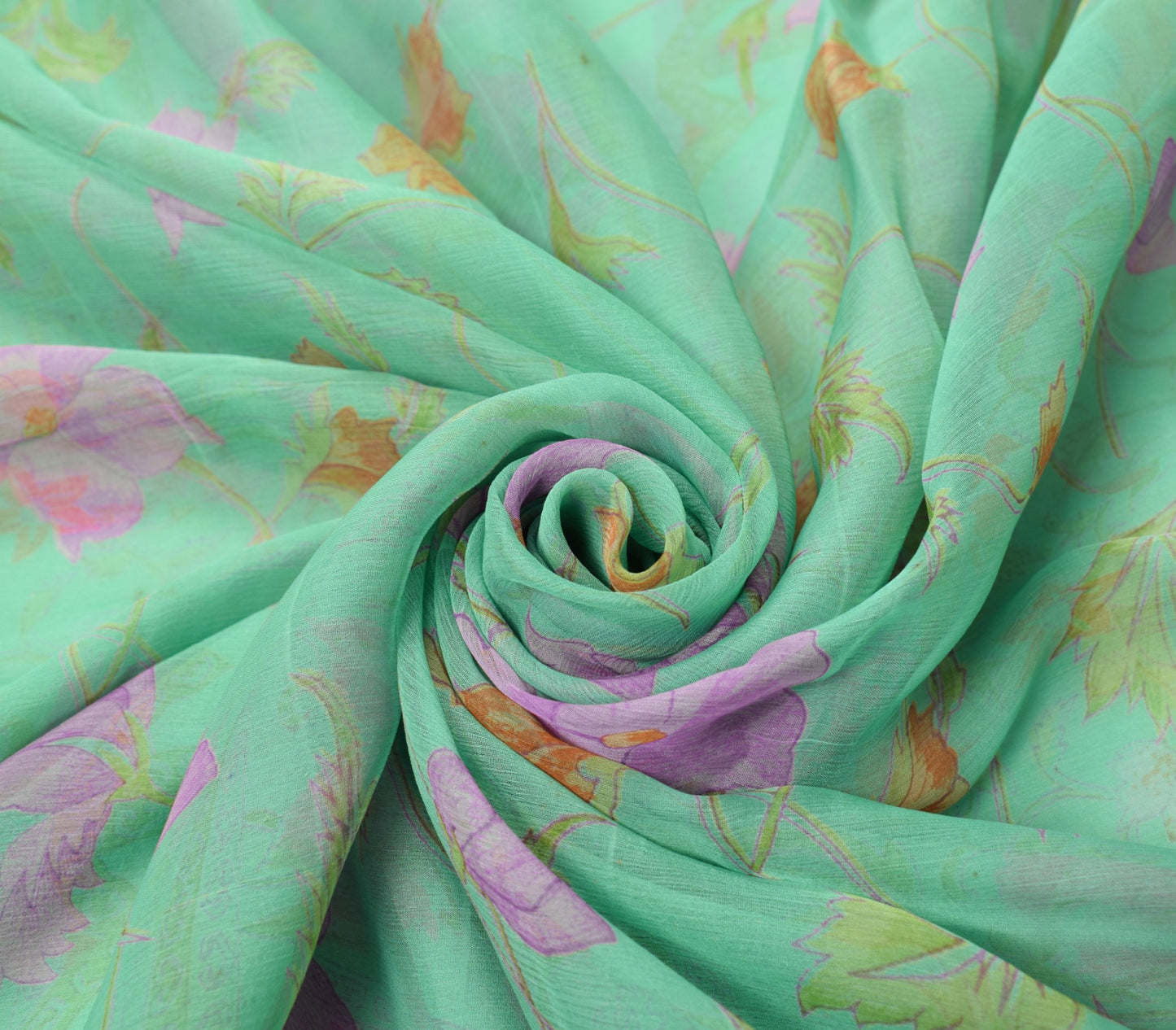 Sushila Vintage Green Scrap Saree Pure Chiffon Printed Floral Remnant Fabric