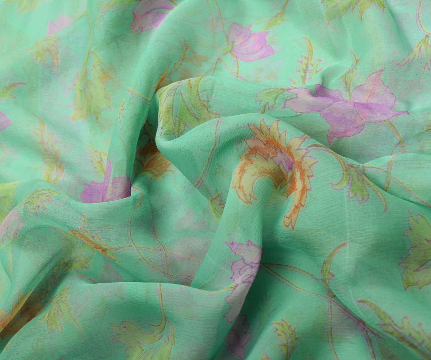 Sushila Vintage Green Scrap Saree Pure Chiffon Printed Floral Remnant Fabric