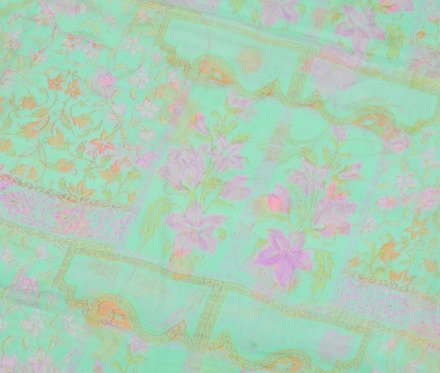 Sushila Vintage Green Scrap Saree Pure Chiffon Printed Floral Remnant Fabric
