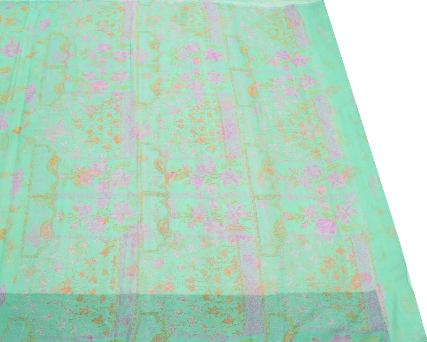 Sushila Vintage Green Scrap Saree Pure Chiffon Printed Floral Remnant Fabric