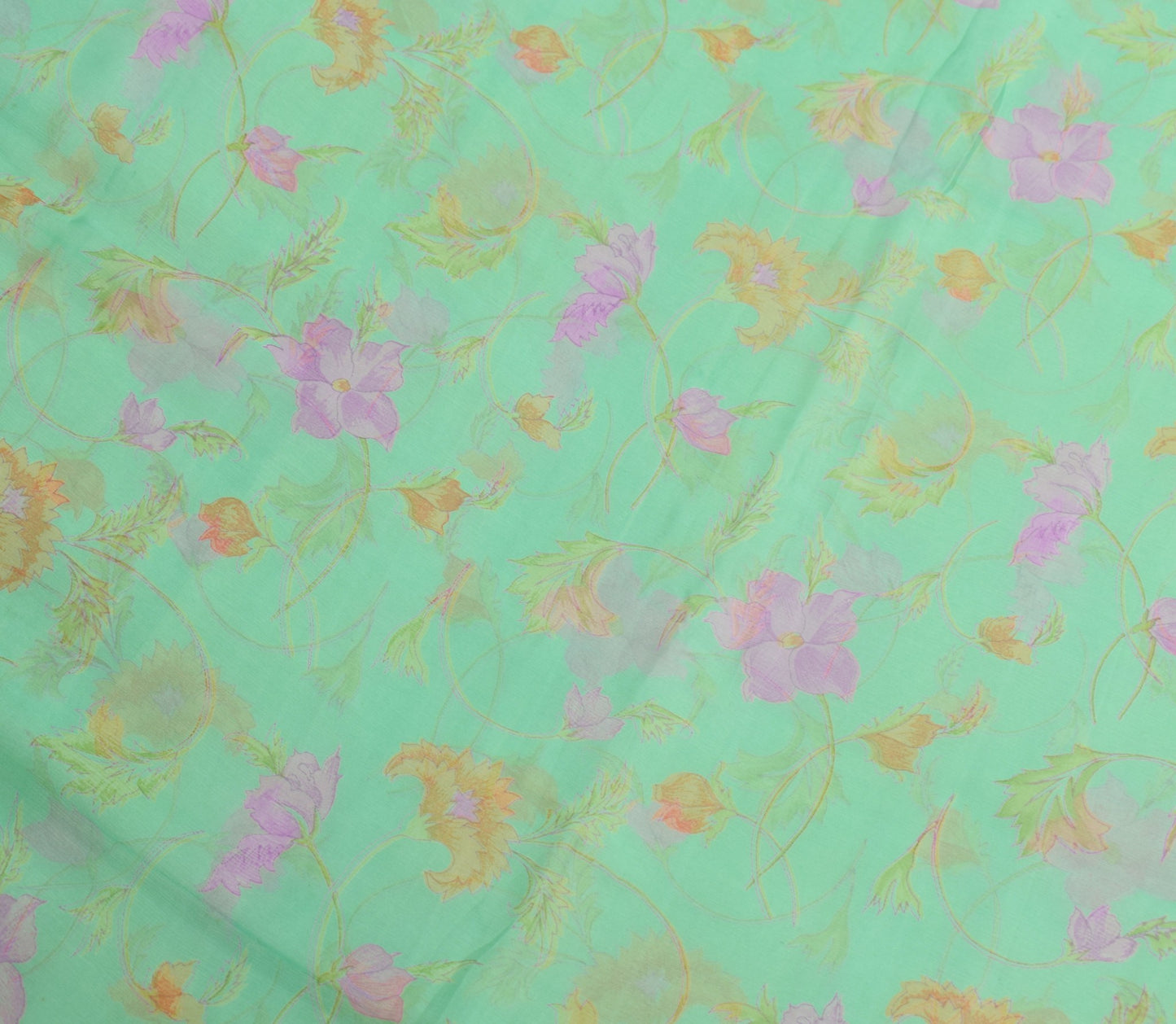 Sushila Vintage Green Scrap Saree Pure Chiffon Printed Floral Remnant Fabric