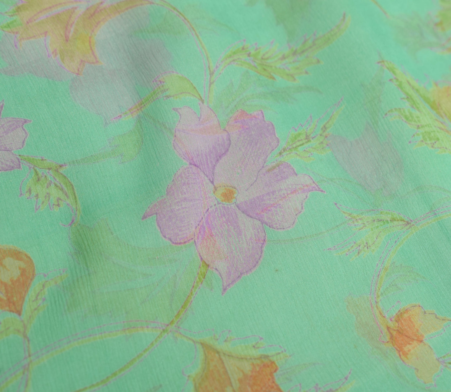 Sushila Vintage Green Scrap Saree Pure Chiffon Printed Floral Remnant Fabric