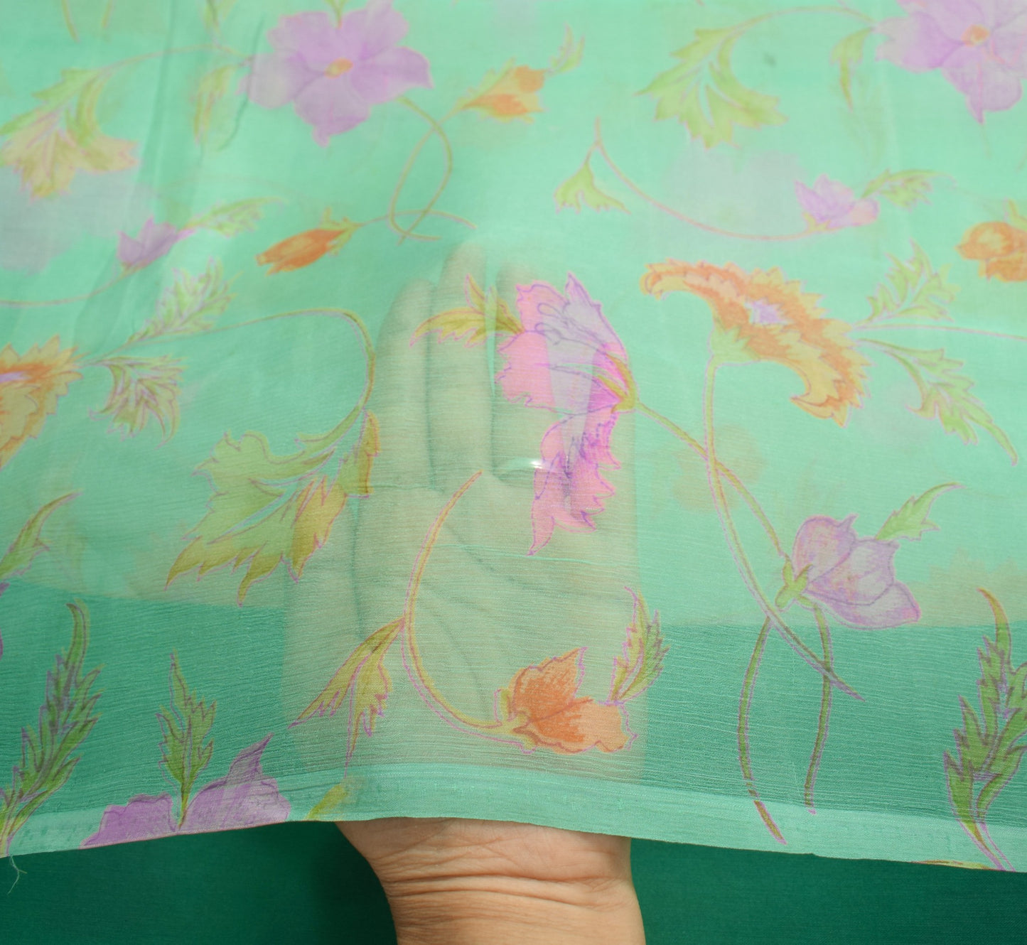 Sushila Vintage Green Scrap Saree Pure Chiffon Printed Floral Remnant Fabric