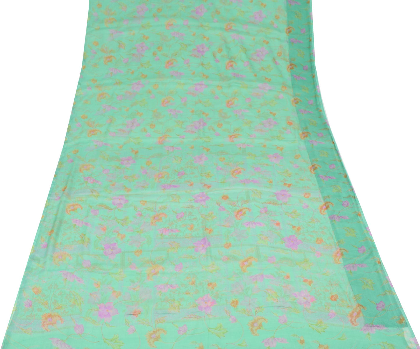 Sushila Vintage Green Scrap Saree Pure Chiffon Printed Floral Remnant Fabric