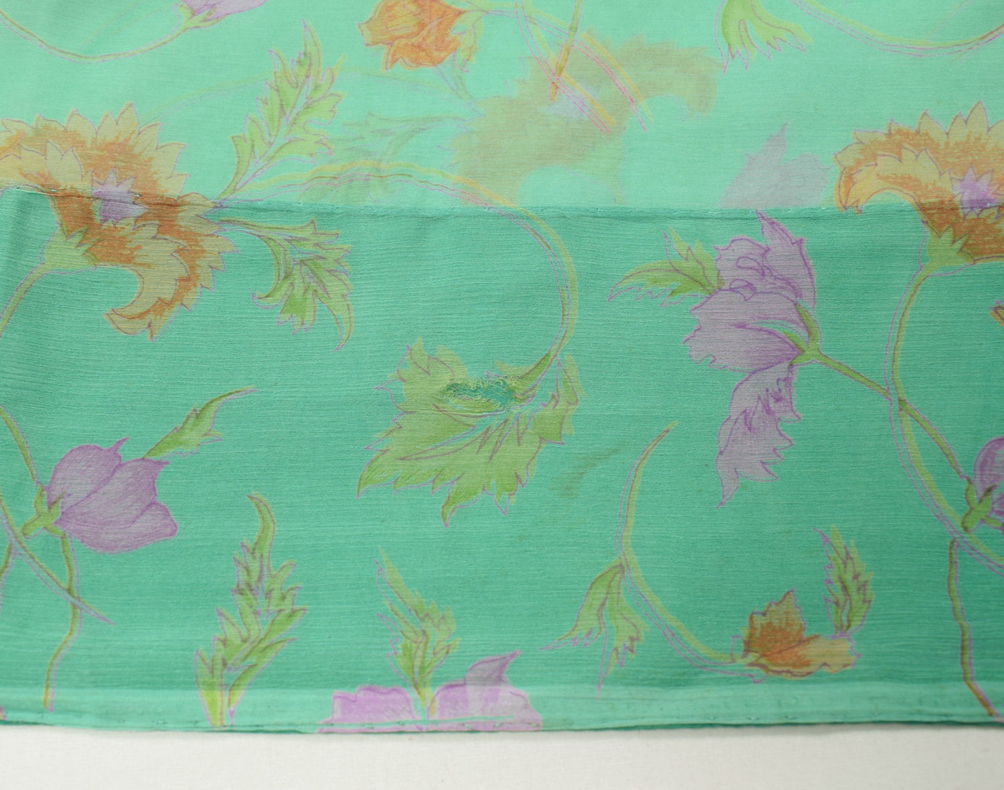 Sushila Vintage Green Scrap Saree Pure Chiffon Printed Floral Remnant Fabric