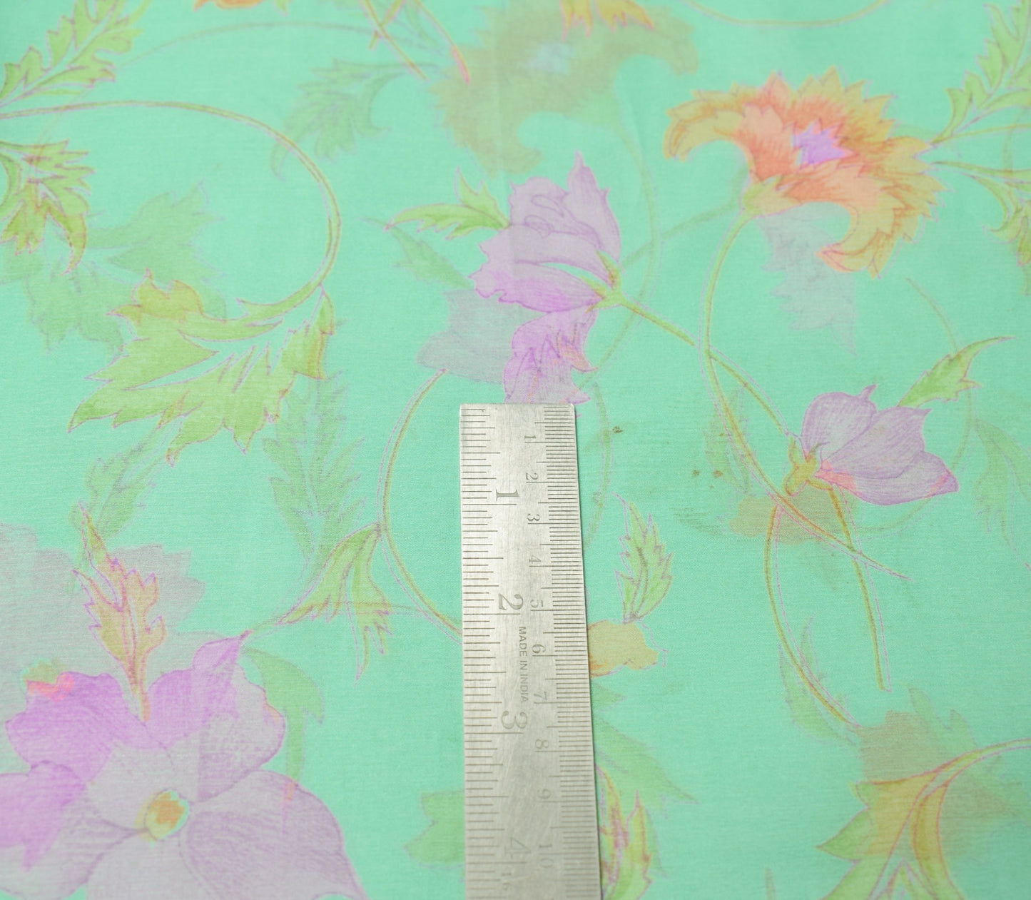 Sushila Vintage Green Scrap Saree Pure Chiffon Printed Floral Remnant Fabric