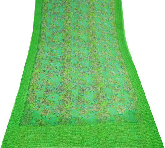 Sushila Vintage Green Scrap Saree Pure Georgette Printed Remnant Sari Fabric