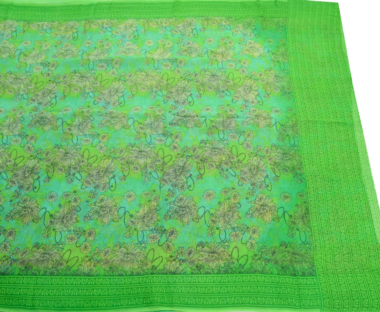 Sushila Vintage Green Scrap Saree Pure Georgette Printed Remnant Sari Fabric