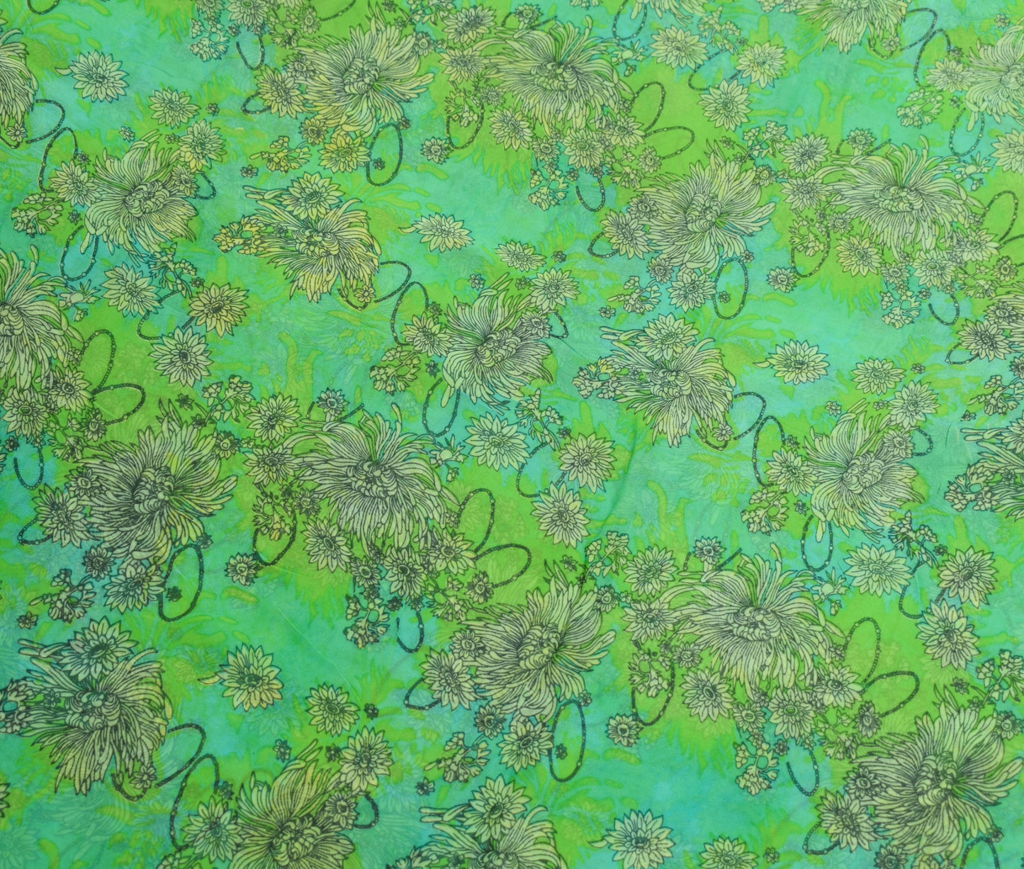 Sushila Vintage Green Scrap Saree Pure Georgette Printed Remnant Sari Fabric