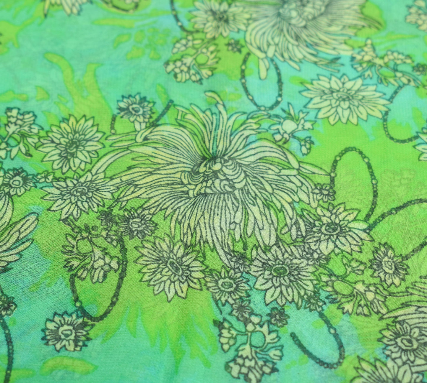 Sushila Vintage Green Scrap Saree Pure Georgette Printed Remnant Sari Fabric