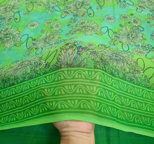 Sushila Vintage Green Scrap Saree Pure Georgette Printed Remnant Sari Fabric