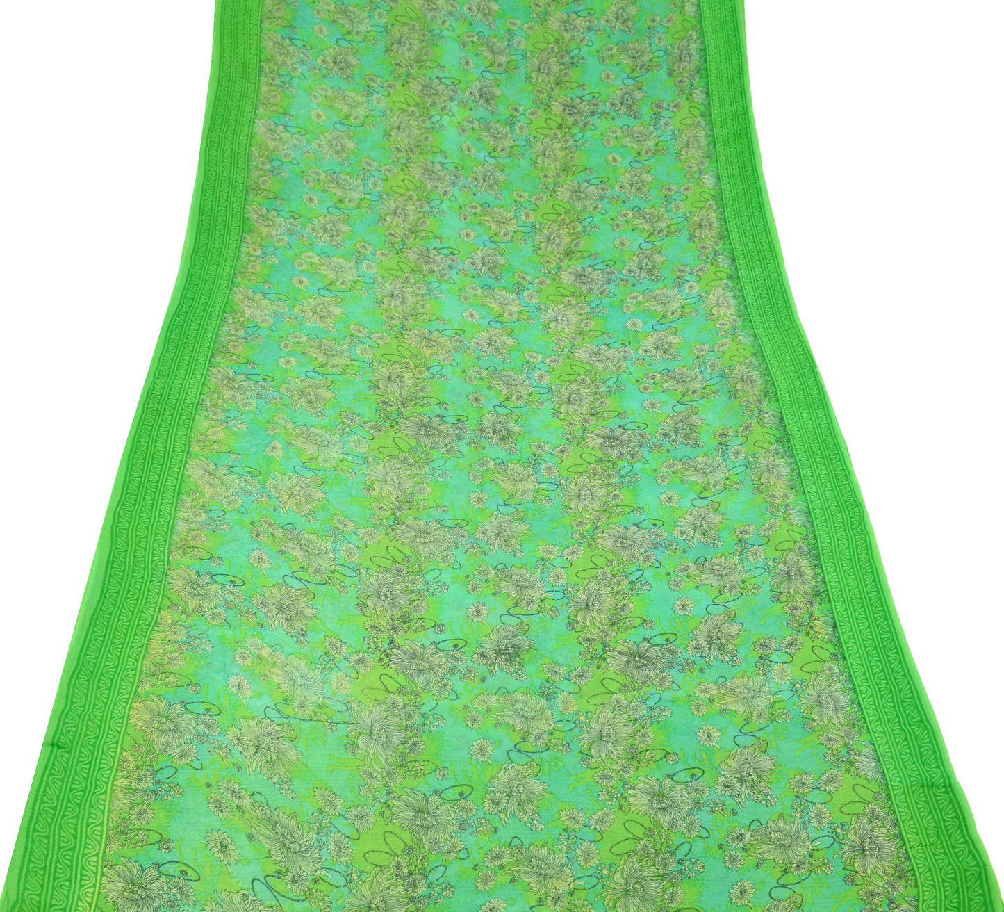 Sushila Vintage Green Scrap Saree Pure Georgette Printed Remnant Sari Fabric