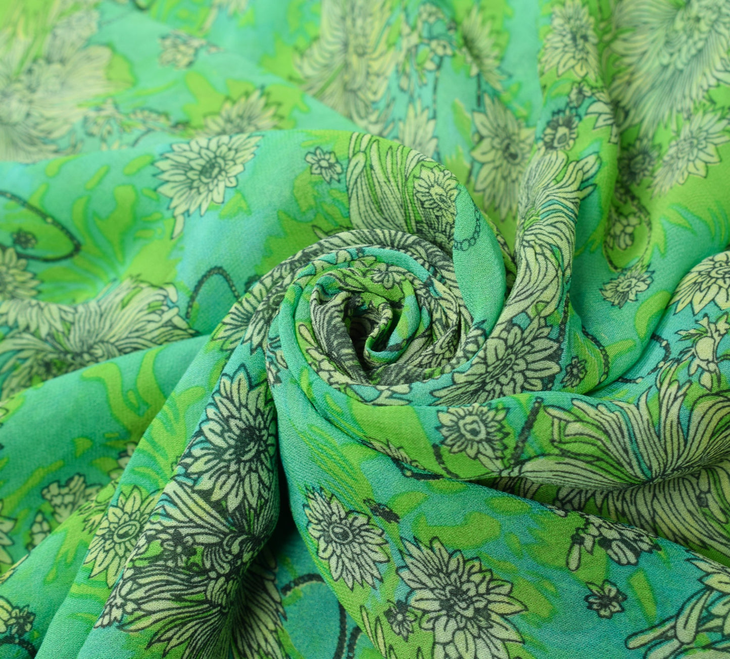 Sushila Vintage Green Scrap Saree Pure Georgette Printed Remnant Sari Fabric