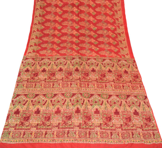 Sushila Vintage Red Scrap Saree Pure Silk Printed Paisley Soft Remnant 6YD Sari