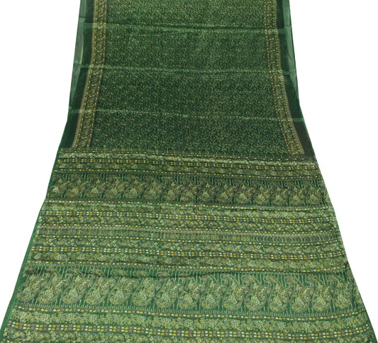Sushila Vintage Bottle Green Scrap Saree Pure Silk Printed Floral Remnant Fabric