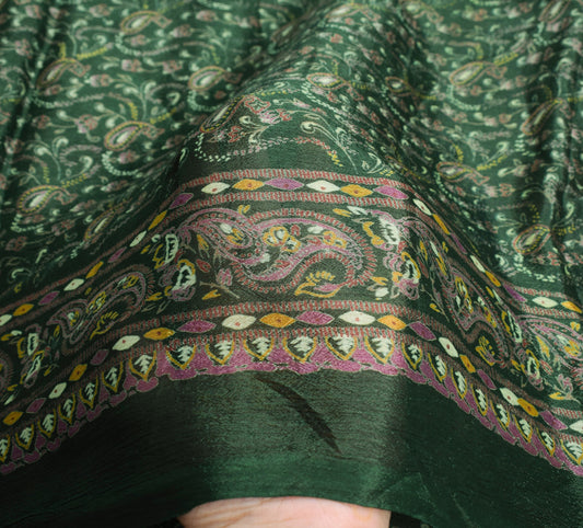 Sushila Vintage Bottle Green Scrap Saree Pure Silk Printed Floral Remnant Fabric